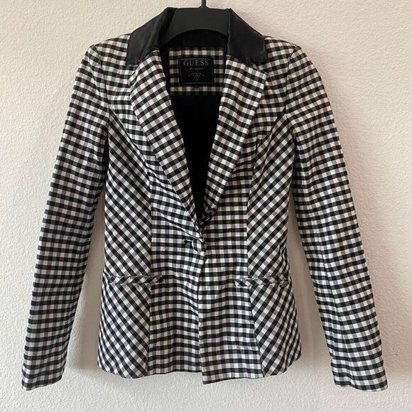GUESS Black White Checkered Satin Collar Fitted Blazer Size 0 - Picture 1 of 9